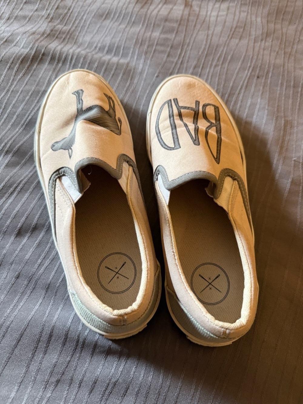 inkkas Beige Canvas Slip-On Loafers with 'BAD' ‘A**’ Graphic 8.5 - Picture 3 of 10